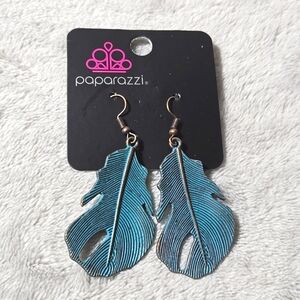 #328 NWT Paparazzi Heads Quill Roll Blue Silver Feather Earrings